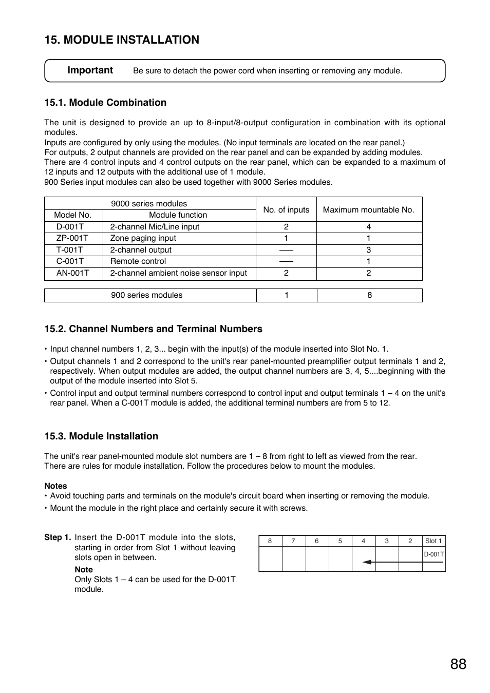 Module installation, Module combination, Channel numbers and terminal numbers | P. 88 "module installation, Mount modules. (refer to, P. 88 | TOA Electronics A-9120DH User Manual | Page 88 / 136