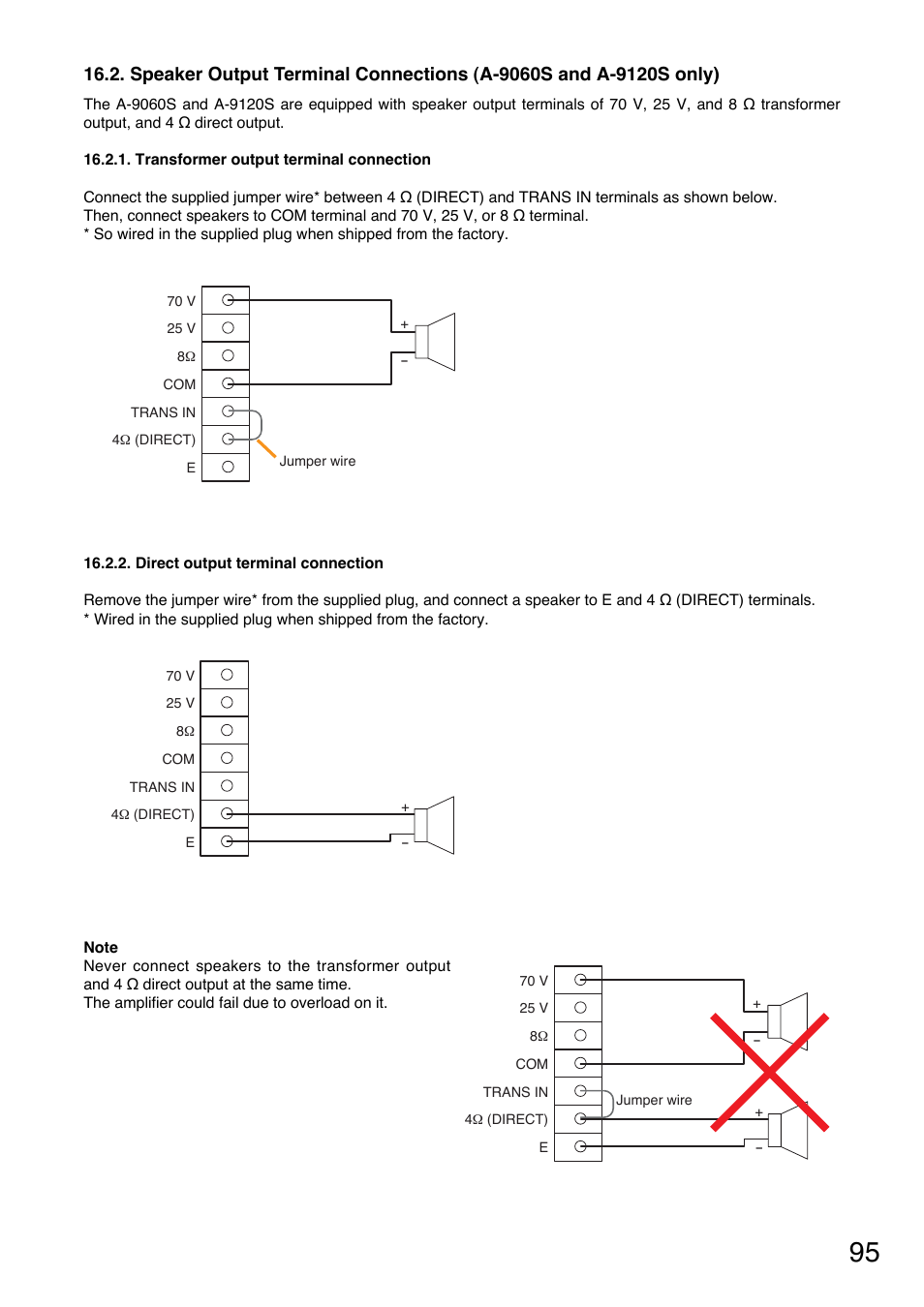 Transformer output terminal connection, Direct output terminal connection, P. 95 "speaker output terminal | Connections | TOA Electronics A-9120DH User Manual | Page 95 / 136