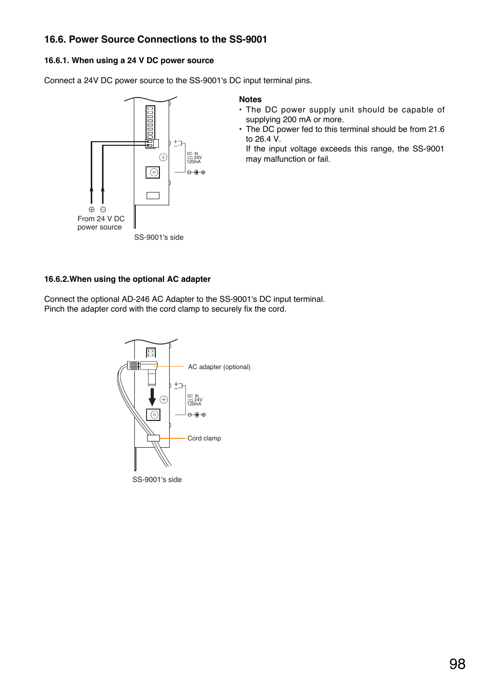 Power source connections to the ss-9001, When using a 24 v dc power source, When using the optional ac adapter | TOA Electronics A-9120DH User Manual | Page 98 / 136