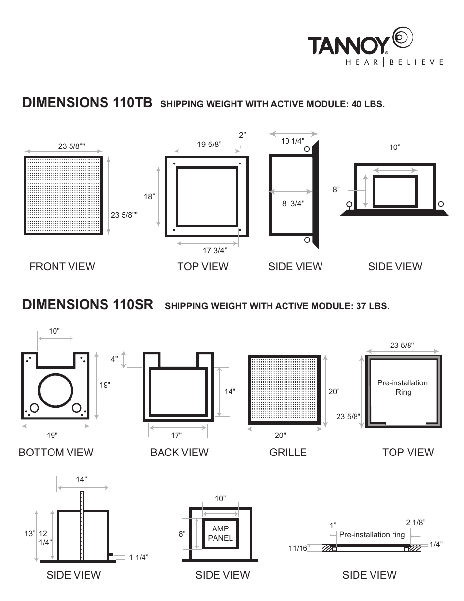 Dimensions 110tb, Dimensions 110sr, Front view top view side view | Side view, Bottom view, Back view, Grille, Top view | TOA Electronics 110SR User Manual | Page 14 / 16