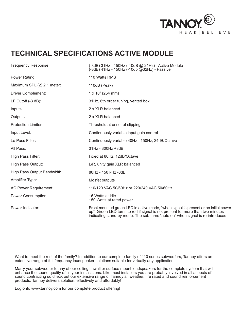 Technical specifications active module | TOA Electronics 110SR User Manual | Page 15 / 16