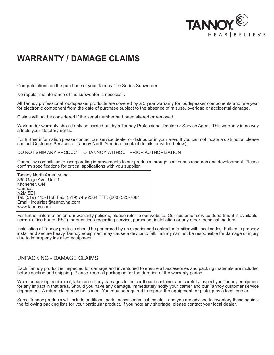 Warranty / damage claims | TOA Electronics 110SR User Manual | Page 3 / 16