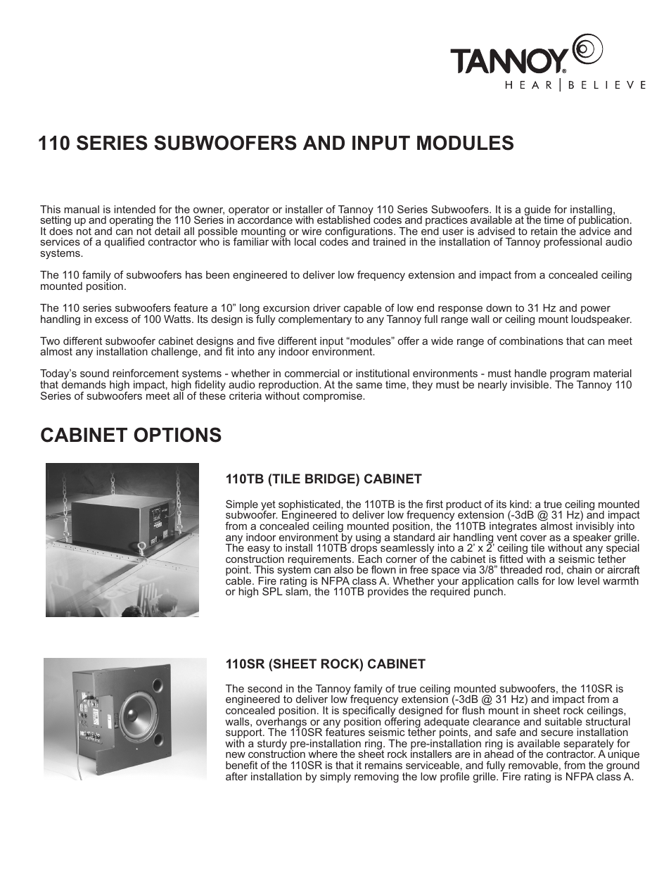 110 series subwoofers and input modules, Cabinet options | TOA Electronics 110SR User Manual | Page 4 / 16
