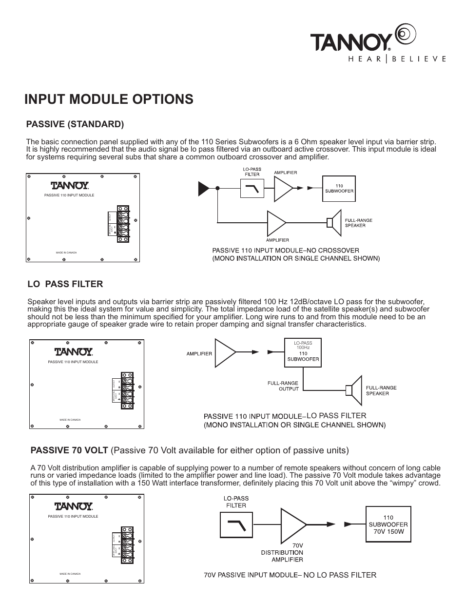 Input module options, Passive (standard), Lo pass filter | Lo pass filter no lo pass filter | TOA Electronics 110SR User Manual | Page 5 / 16