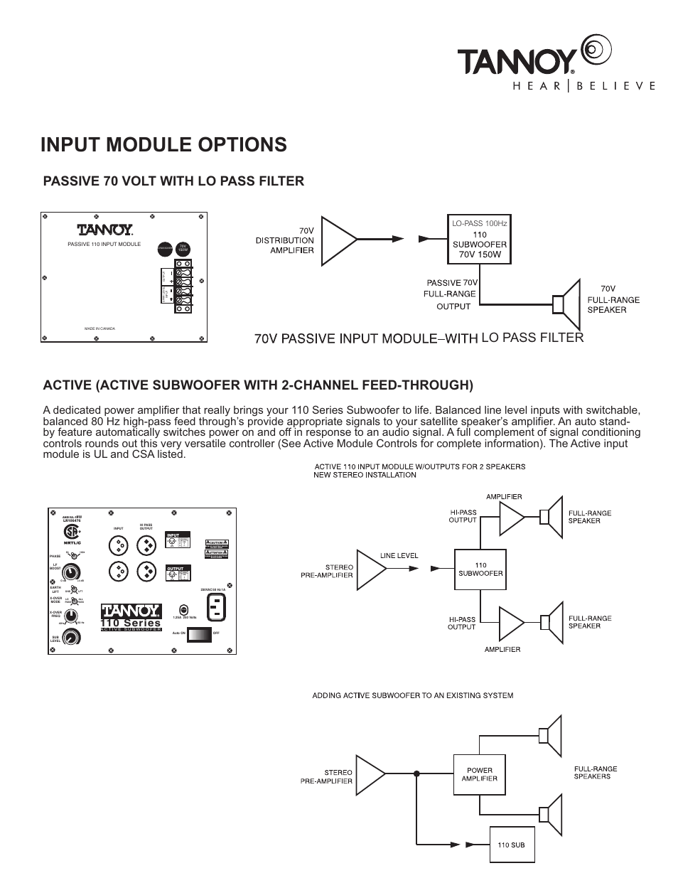 Input module options, Passive 70 volt with lo pass filter, Lo pass filter | 110 series, Xlr pin signal, Lo-pass 100hz | TOA Electronics 110SR User Manual | Page 6 / 16