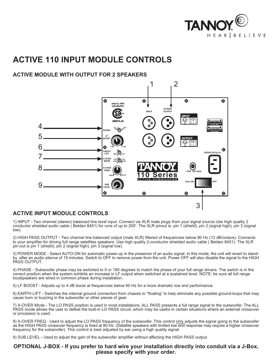 Active 110 input module controls, 110 series, Active module with output for 2 speakers | Active input module controls | TOA Electronics 110SR User Manual | Page 7 / 16