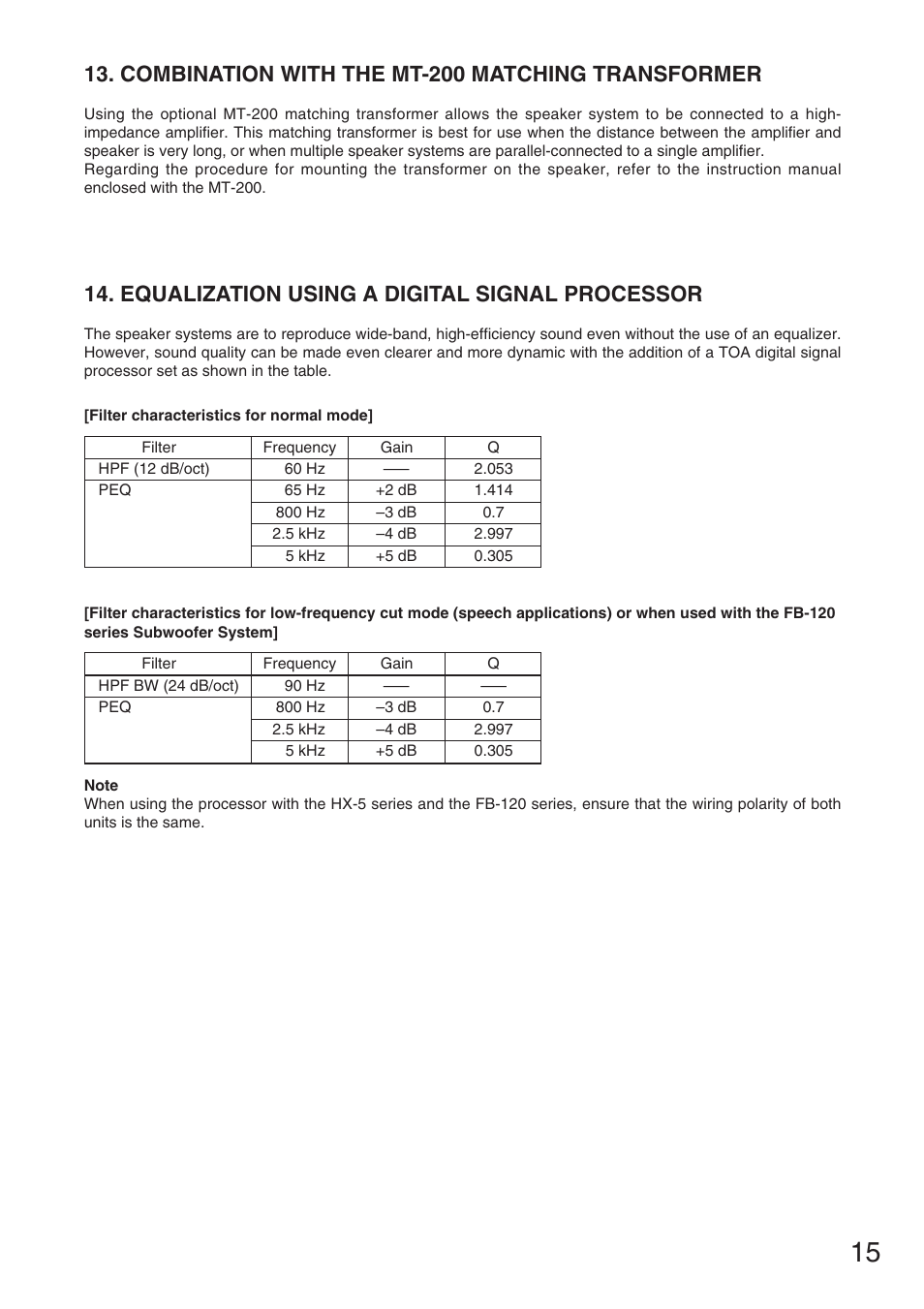 Combination with the mt-200 matching transformer, Equalization using a digital signal processor | TOA Electronics HX-5B User Manual | Page 15 / 16