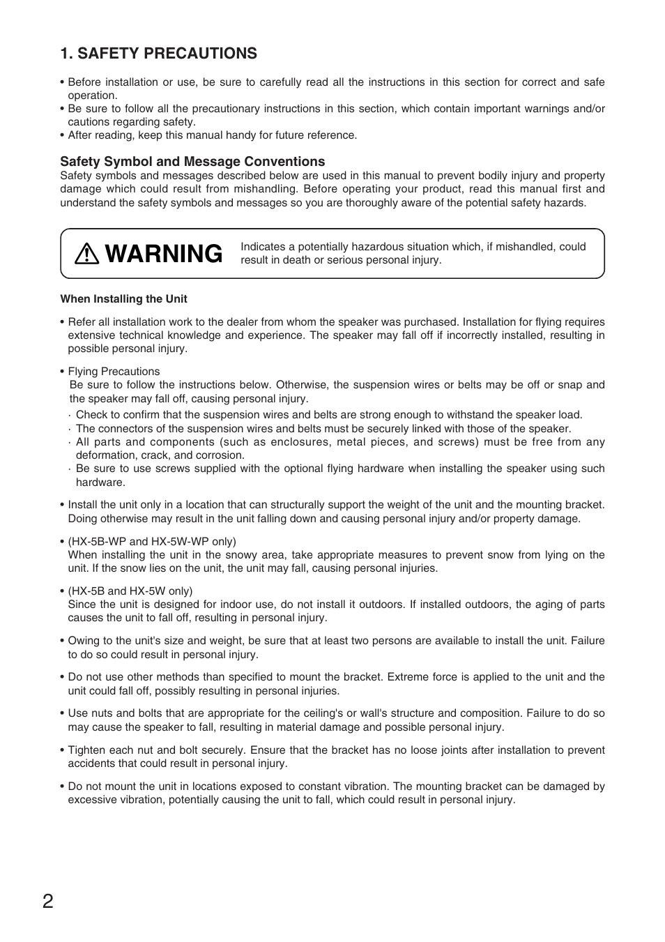 Warning, Safety precautions | TOA Electronics HX-5B User Manual | Page 2 / 16