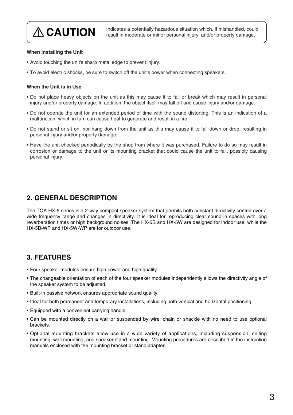 Caution, General description, Features | TOA Electronics HX-5B User Manual | Page 3 / 16