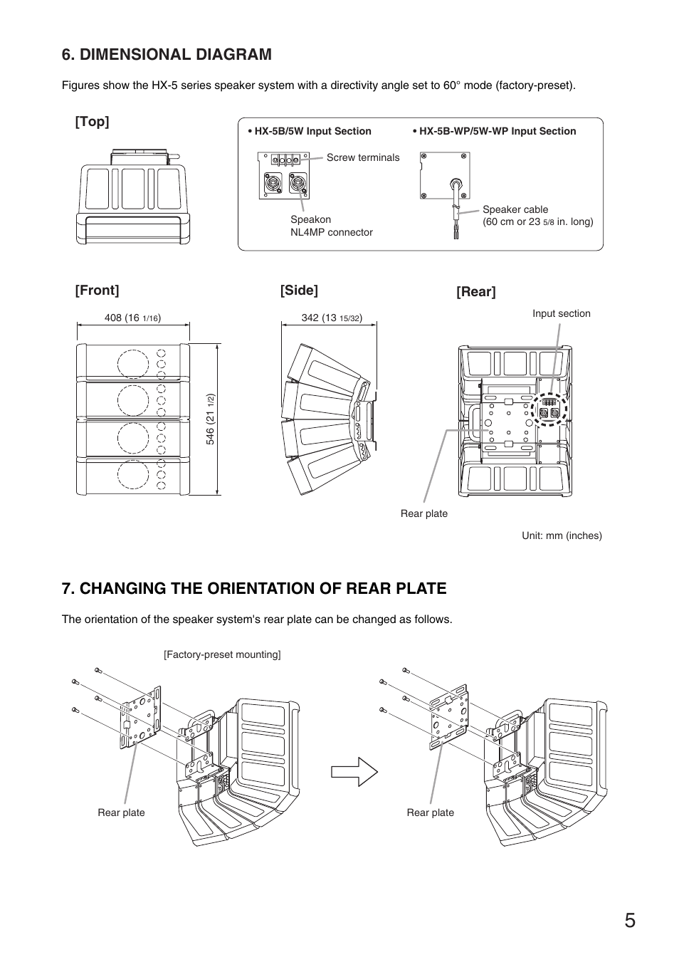 Dimensional diagram, Changing the orientation of rear plate, Top] [front | Side] [rear | TOA Electronics HX-5B User Manual | Page 5 / 16
