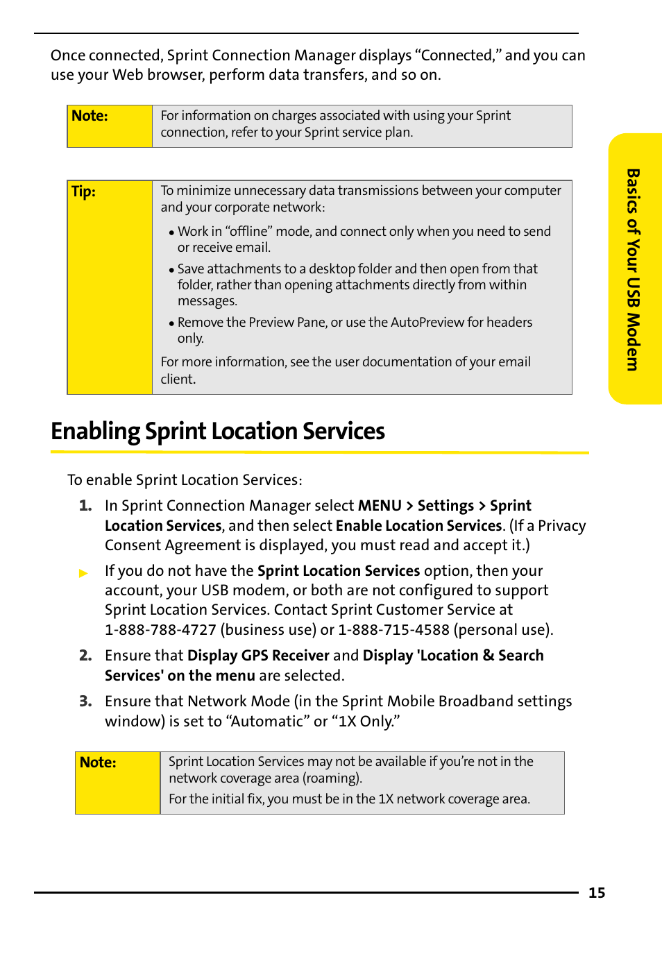 Enabling sprintlocation services, Enabling sprint location services, Basics of yo ur us b modem | TOA Electronics 595U User Manual | Page 25 / 52