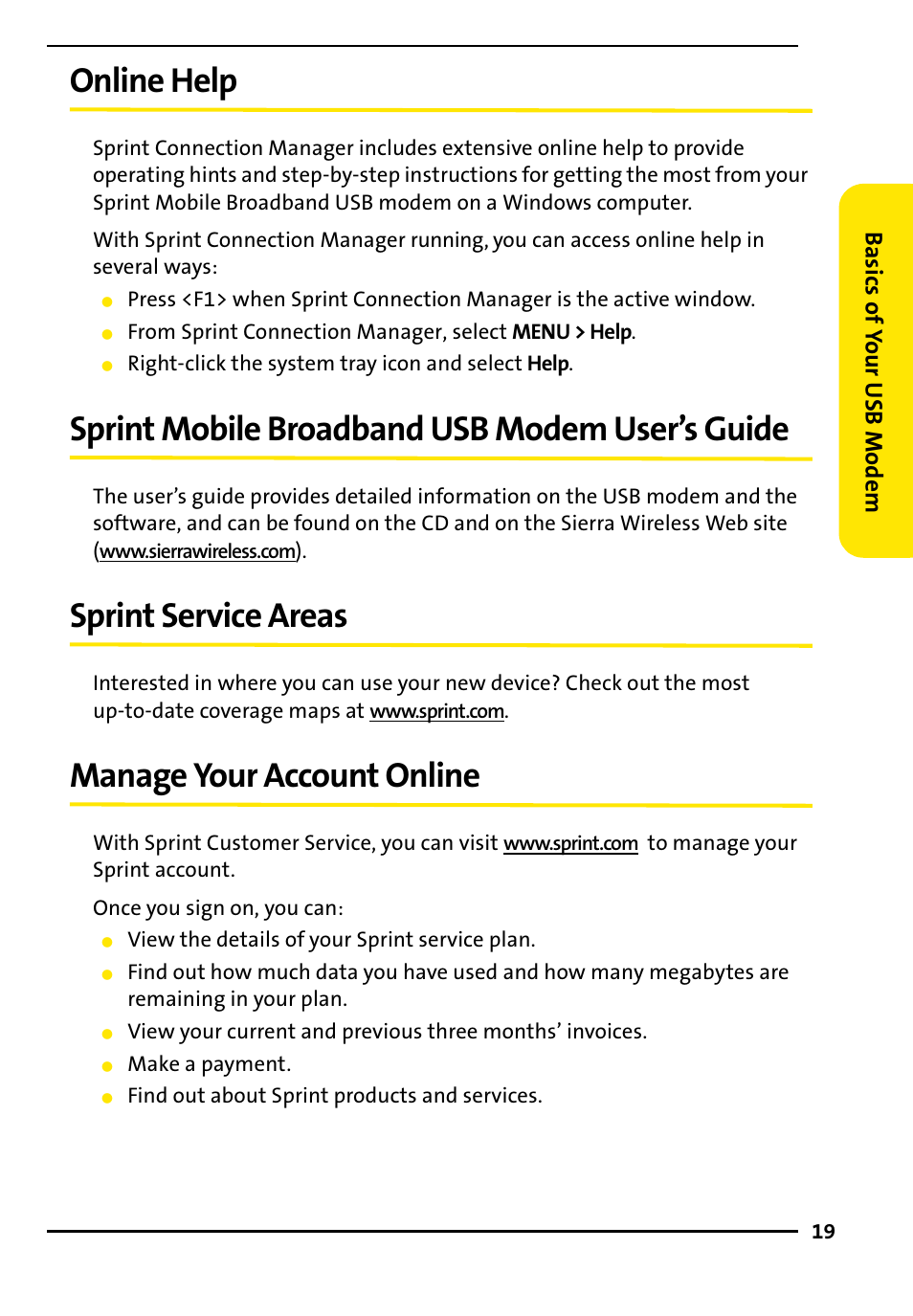 Online help, Sprintmobile broadband usb modem user’s guide, Sprint service areas | Manage your account online, Sprint mobile broadband usb modem user’s guide | TOA Electronics 595U User Manual | Page 29 / 52