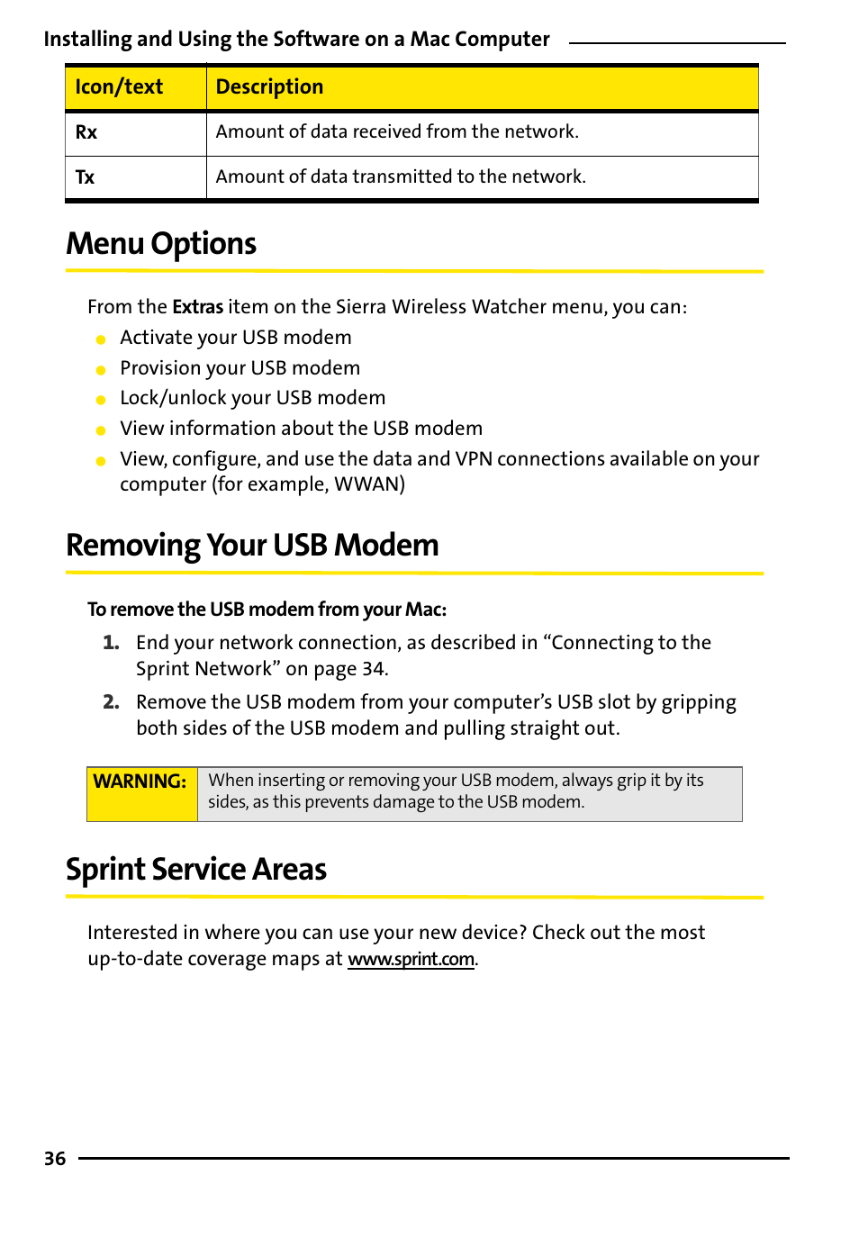 Menu options, Removing your usb modem, Sprint service areas | TOA Electronics 595U User Manual | Page 46 / 52