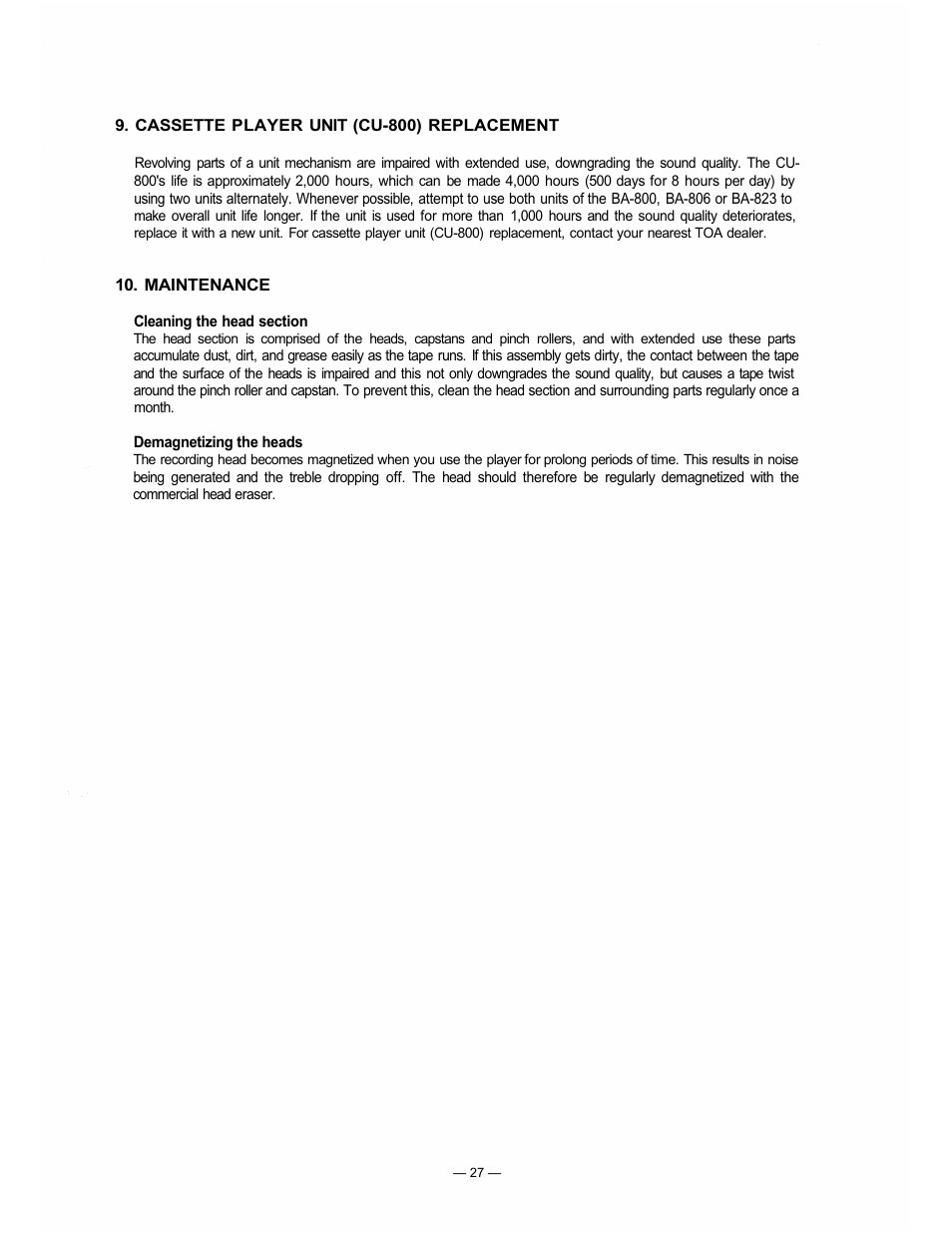 TOA Electronics BA-800 User Manual | Page 27 / 31