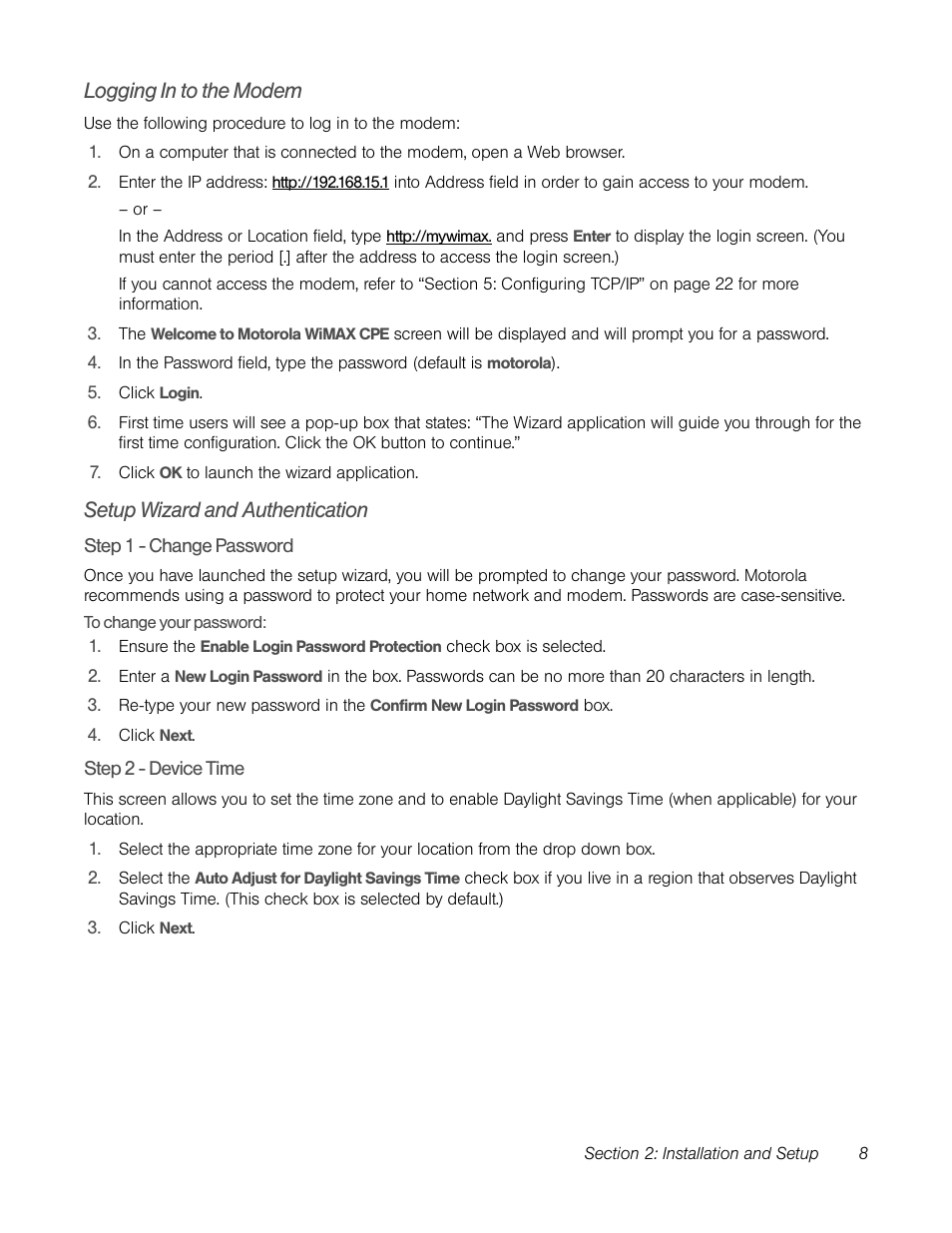 Logging in to the modem, Setup wizard and authentication | TOA Electronics CPEI 25150 User Manual | Page 11 / 37