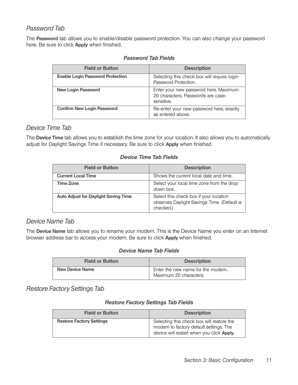 Password tab, Device time tab, Device name tab | Restore factory settings tab | TOA Electronics CPEI 25150 User Manual | Page 14 / 37