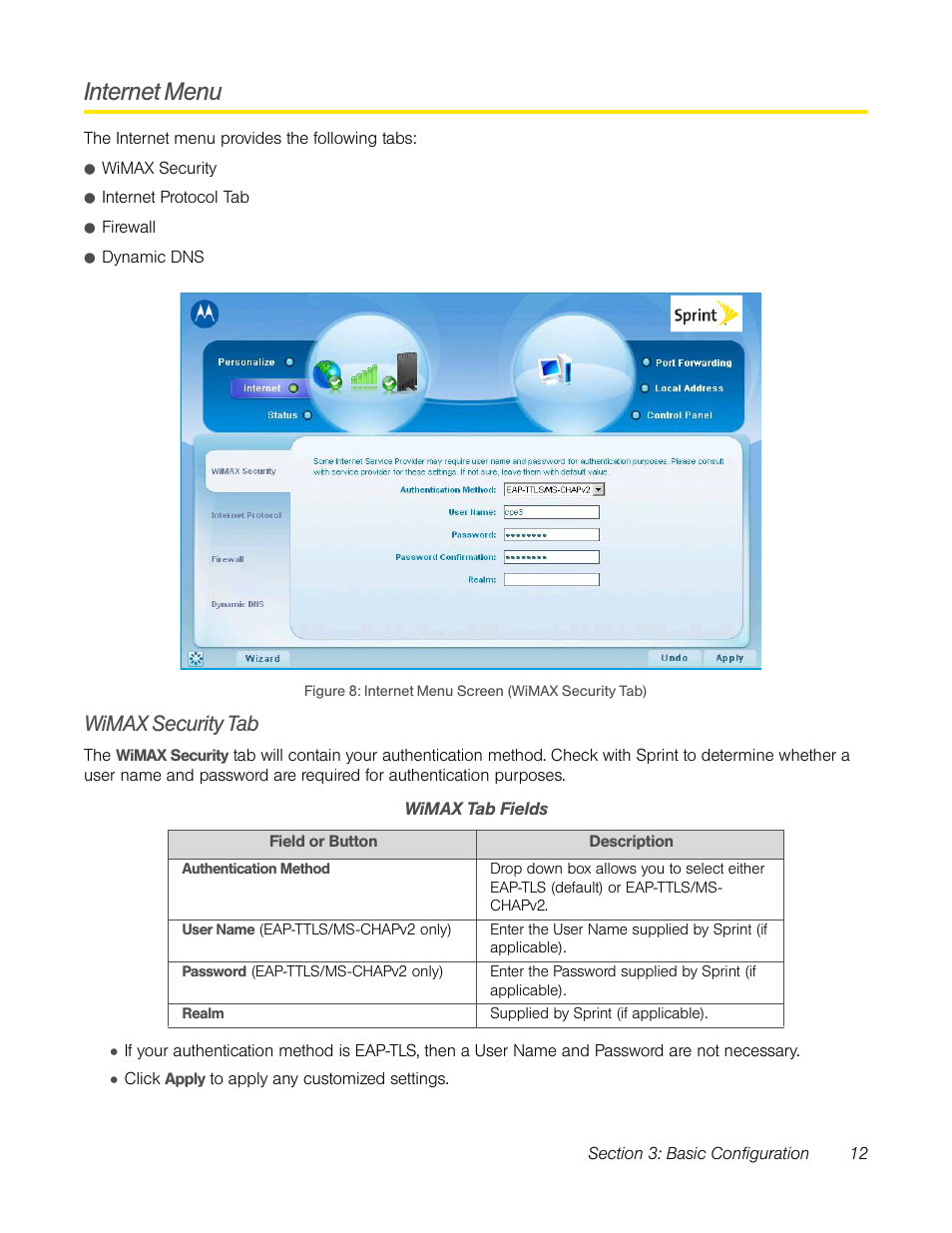 Internet menu, Wimax security tab | TOA Electronics CPEI 25150 User Manual | Page 15 / 37
