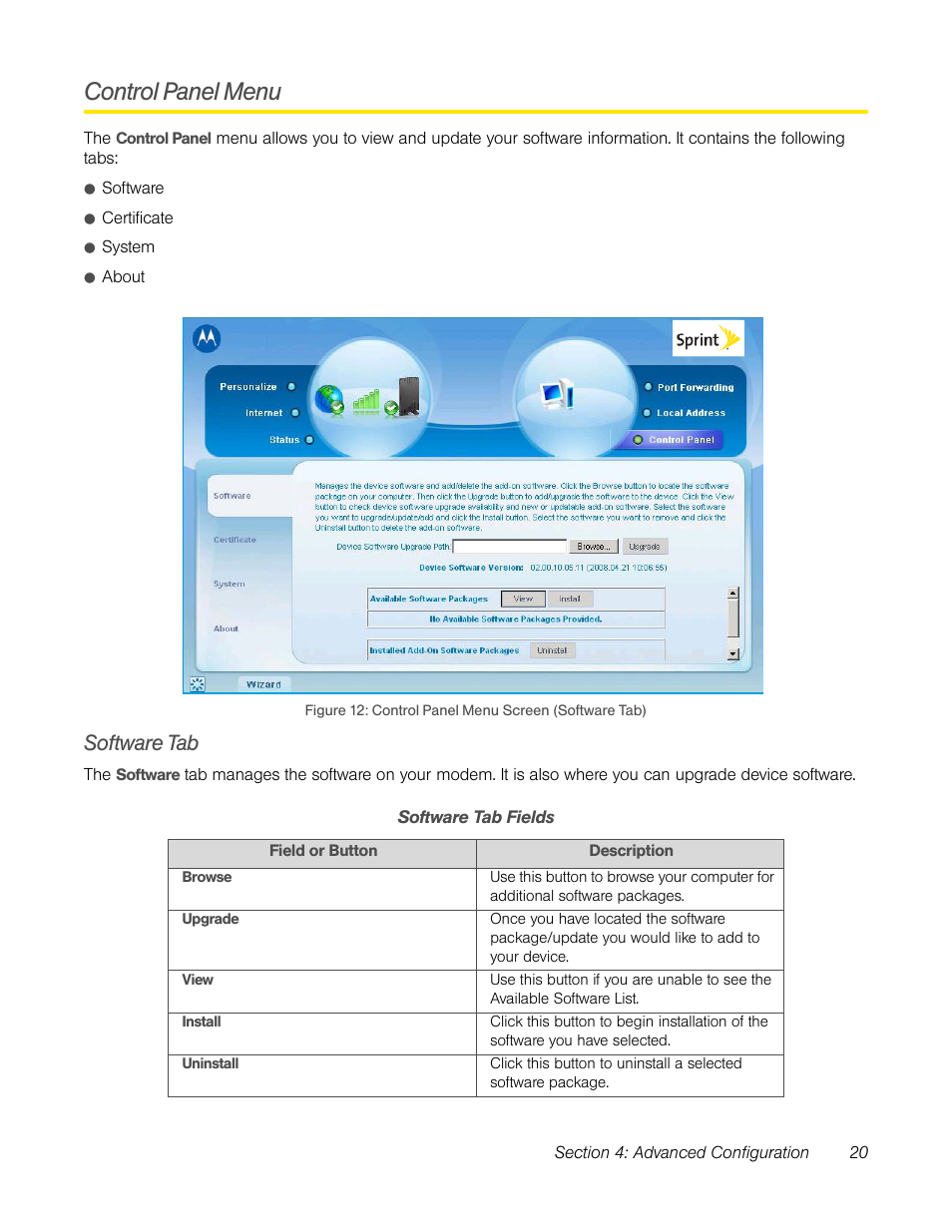 Control panel menu, Software tab | TOA Electronics CPEI 25150 User Manual | Page 23 / 37