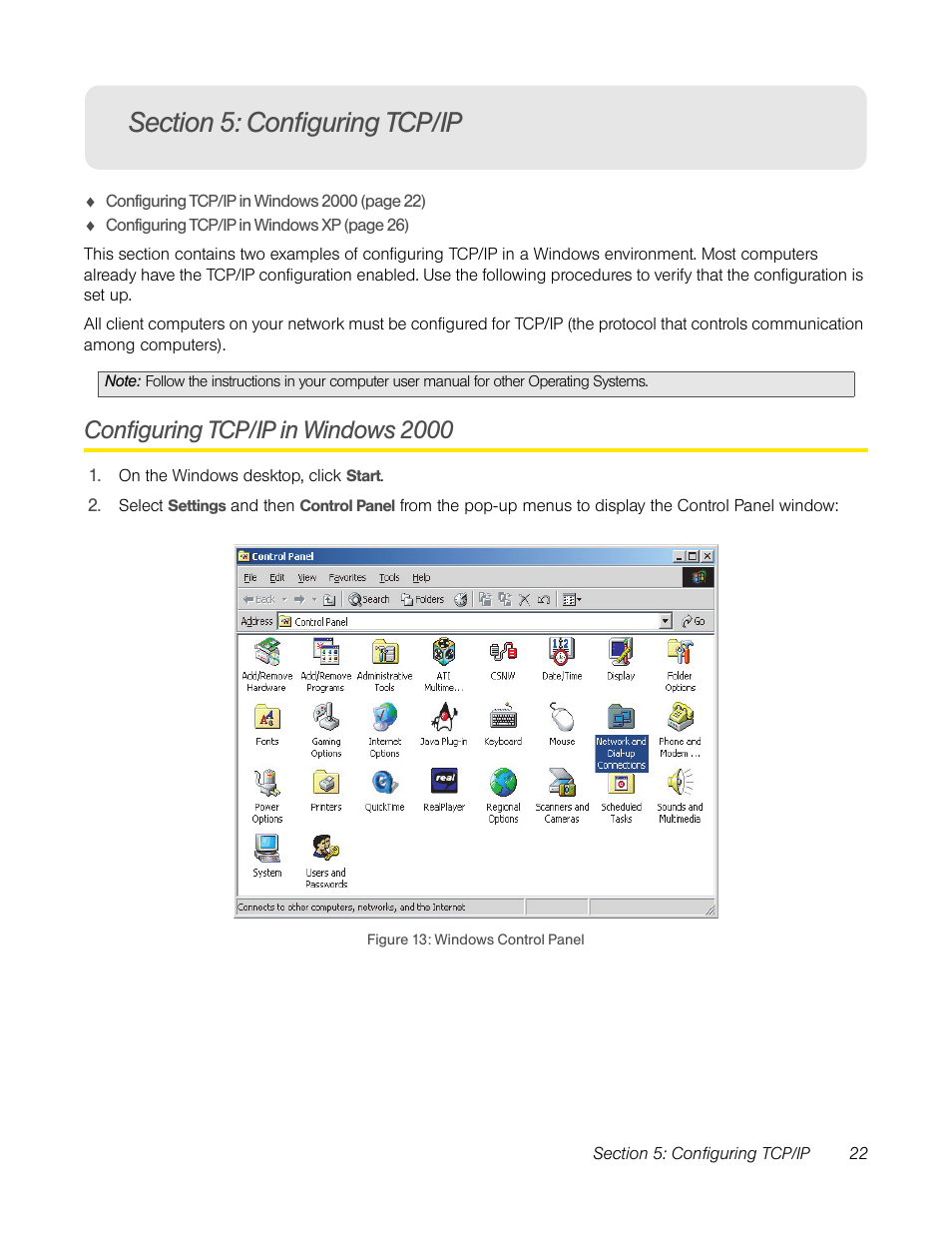 Section 5: configuring tcp/ip, Configuring tcp/ip in windows 2000 | TOA Electronics CPEI 25150 User Manual | Page 25 / 37