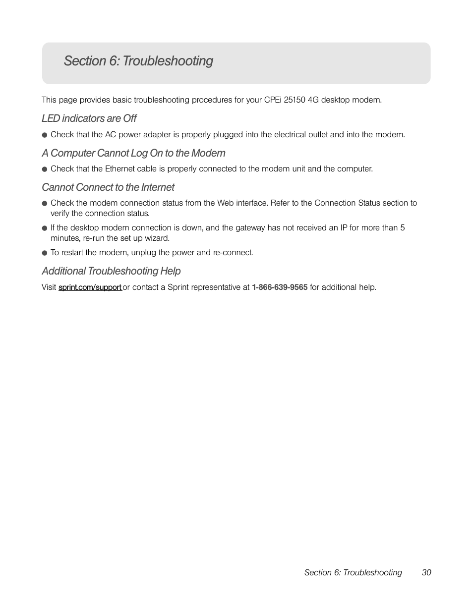 Section 6: troubleshooting, Led indicators are off, A computer cannot log on to the modem | Cannot connect to the internet, Additional troubleshooting help | TOA Electronics CPEI 25150 User Manual | Page 33 / 37