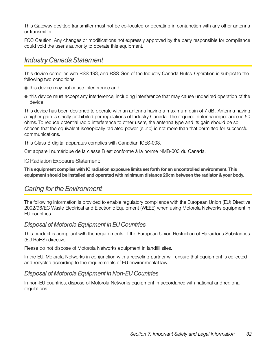 Industry canada statement, Caring for the environment, Disposal of motorola equipment in eu countries | Disposal of motorola equipment in non-eu countries | TOA Electronics CPEI 25150 User Manual | Page 35 / 37