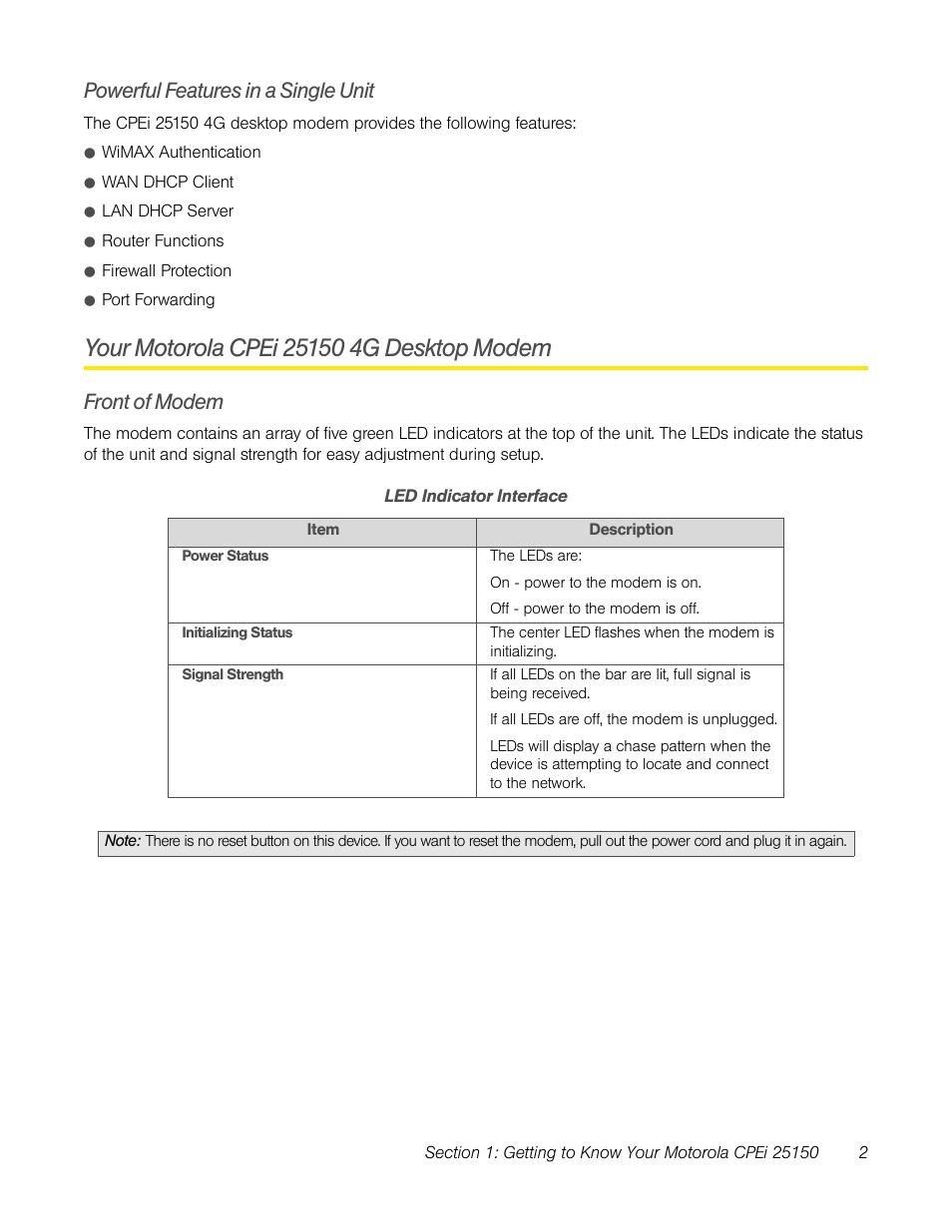 Powerful features in a single unit, Your motorola cpei 25150 4g desktop modem, Front of modem | TOA Electronics CPEI 25150 User Manual | Page 5 / 37