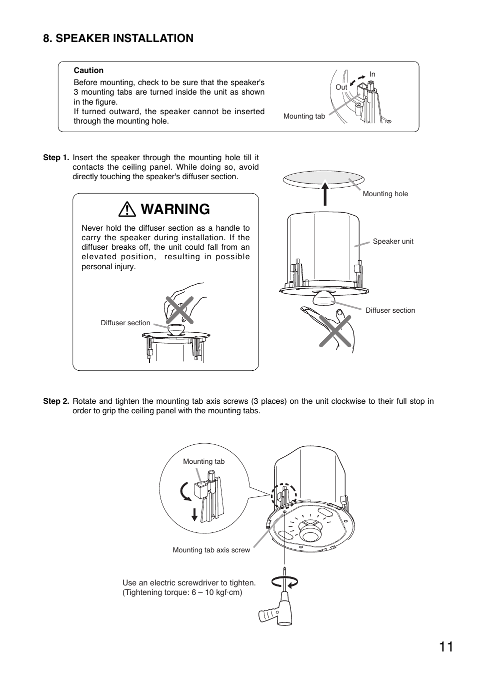 Warning, Speaker installation | TOA Electronics F-122CU2 User Manual | Page 11 / 16