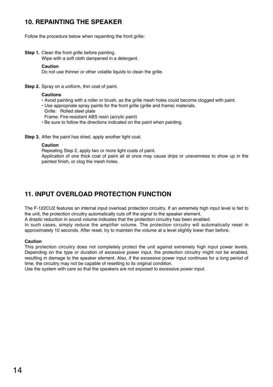 Repainting the speaker, Input overload protection function | TOA Electronics F-122CU2 User Manual | Page 14 / 16