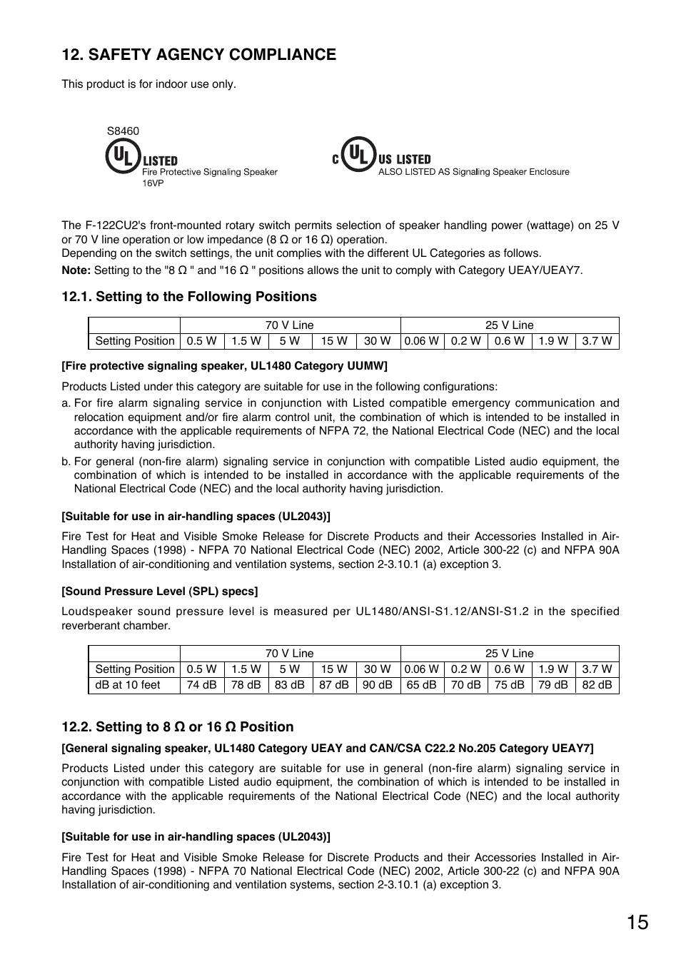 Safety agency compliance | TOA Electronics F-122CU2 User Manual | Page 15 / 16