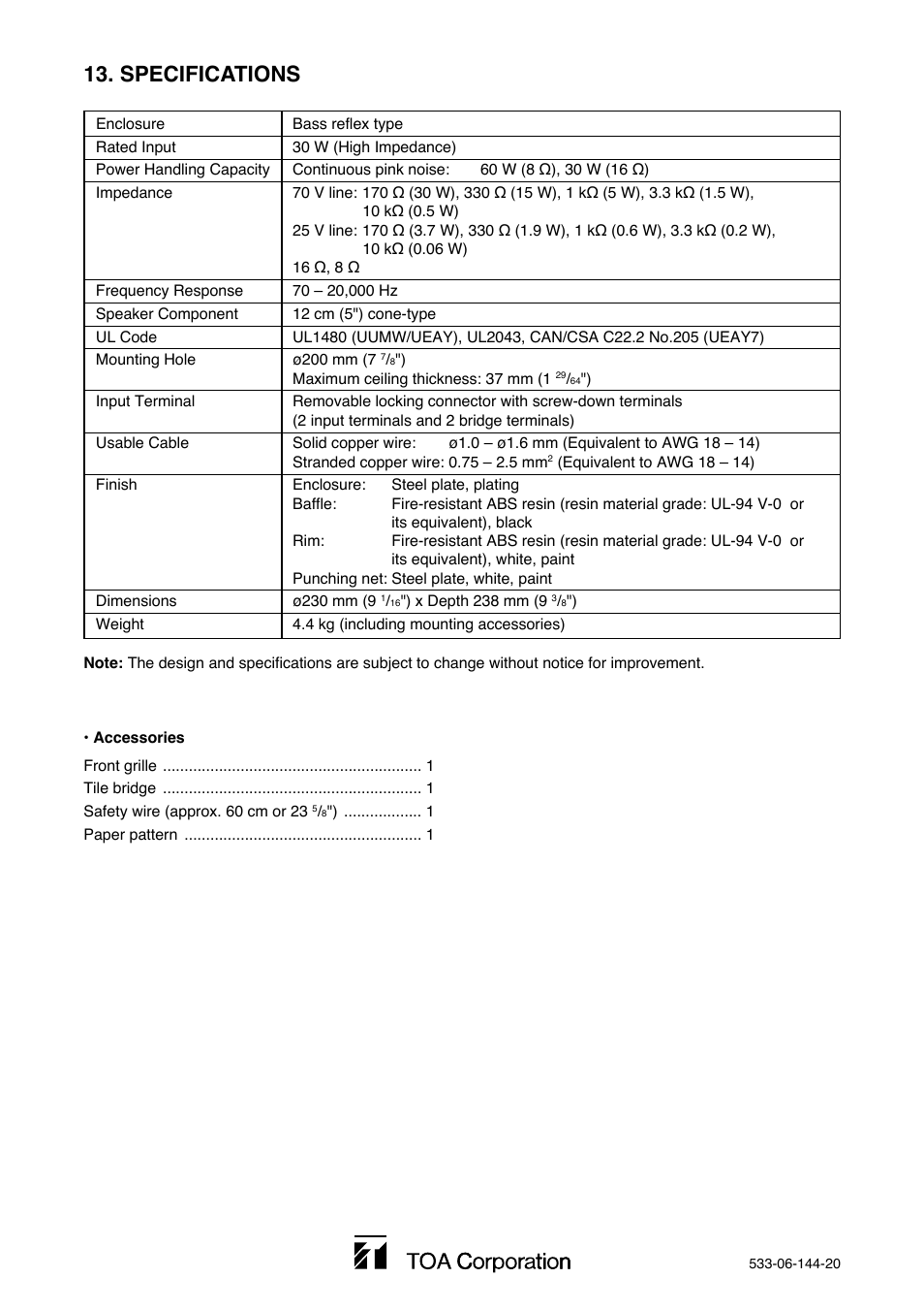 Specifications | TOA Electronics F-122CU2 User Manual | Page 16 / 16