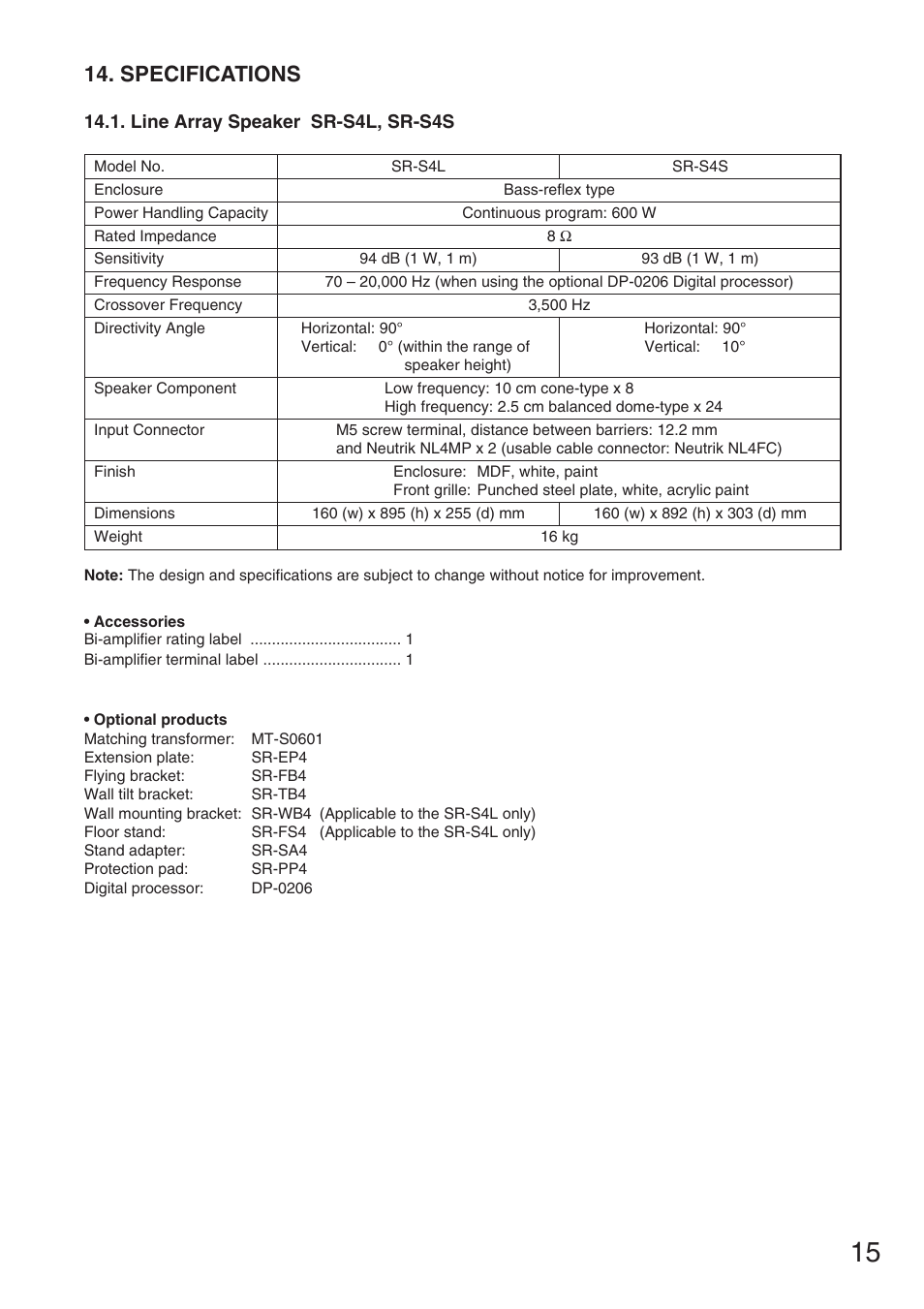 Specifications | TOA Electronics SR-S4S User Manual | Page 15 / 16