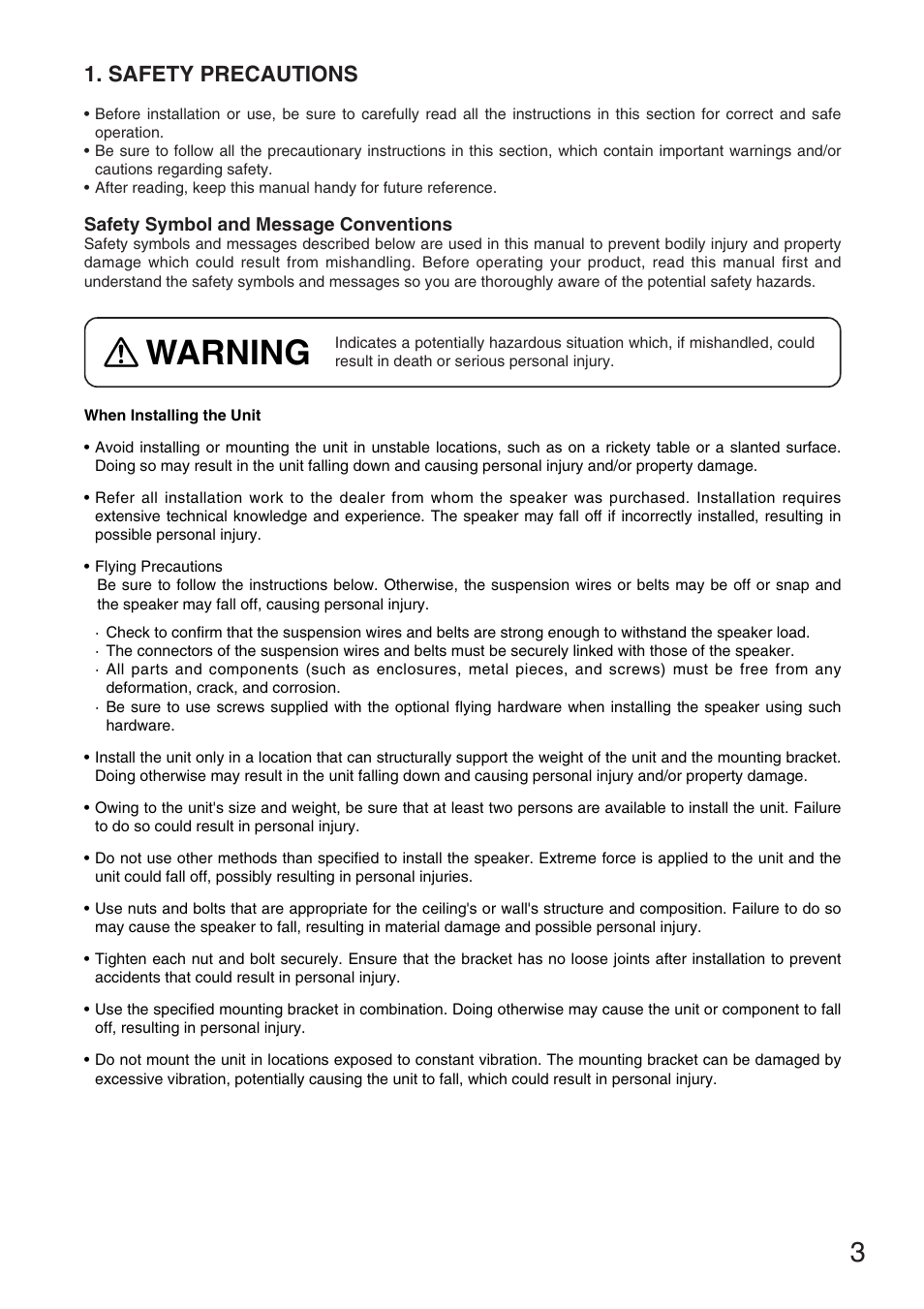 Warning, Safety precautions | TOA Electronics SR-S4S User Manual | Page 3 / 16