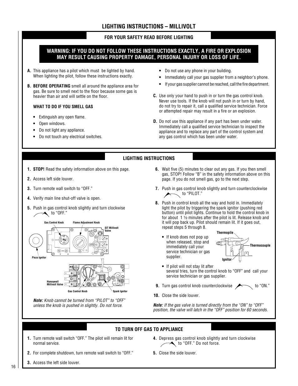 Lighting instructions – millivolt, For your safety read before lighting, Lighting instructions | TOA Electronics VF5000-CMP-2 User Manual | Page 16 / 20