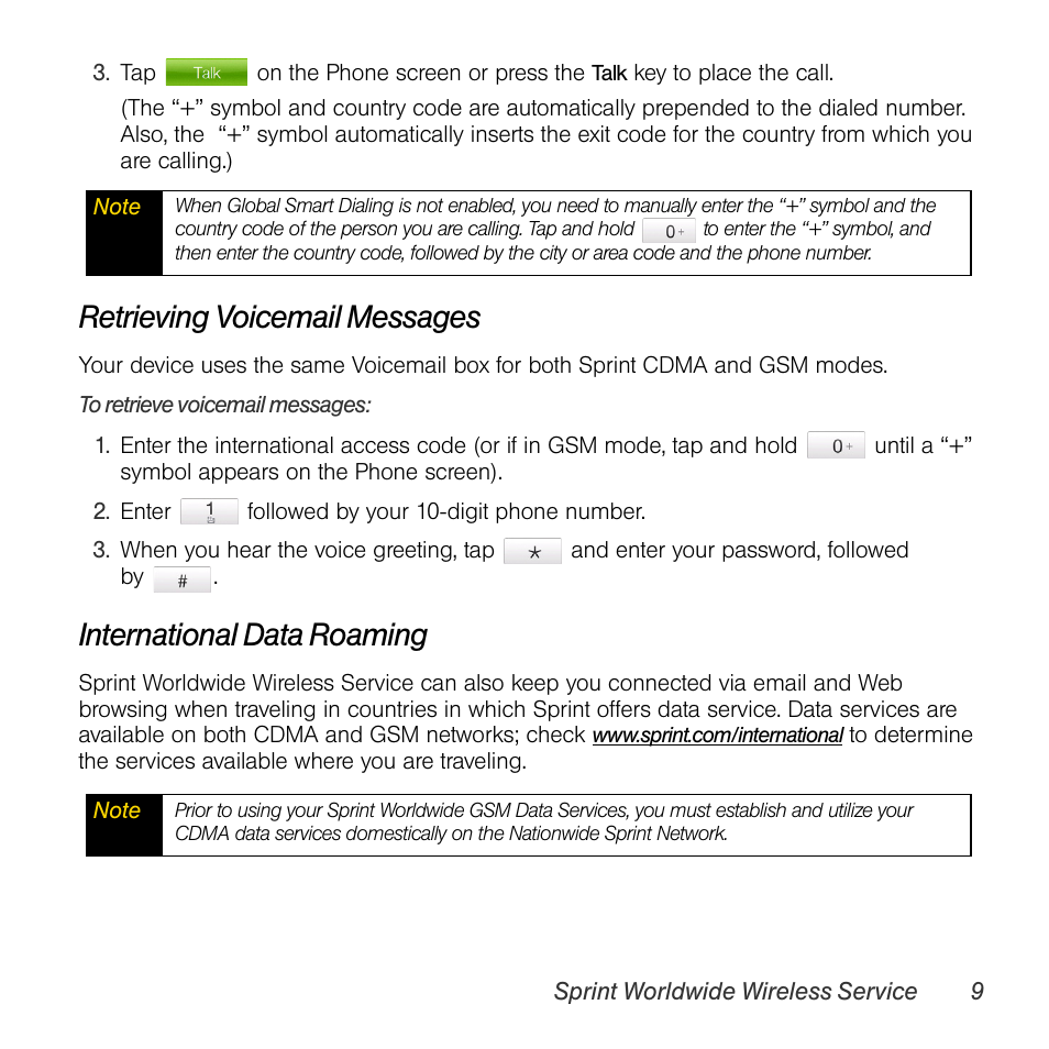 Retrieving voicemail messages, International data roaming | TOA Electronics PPCT7380SP User Manual | Page 13 / 26