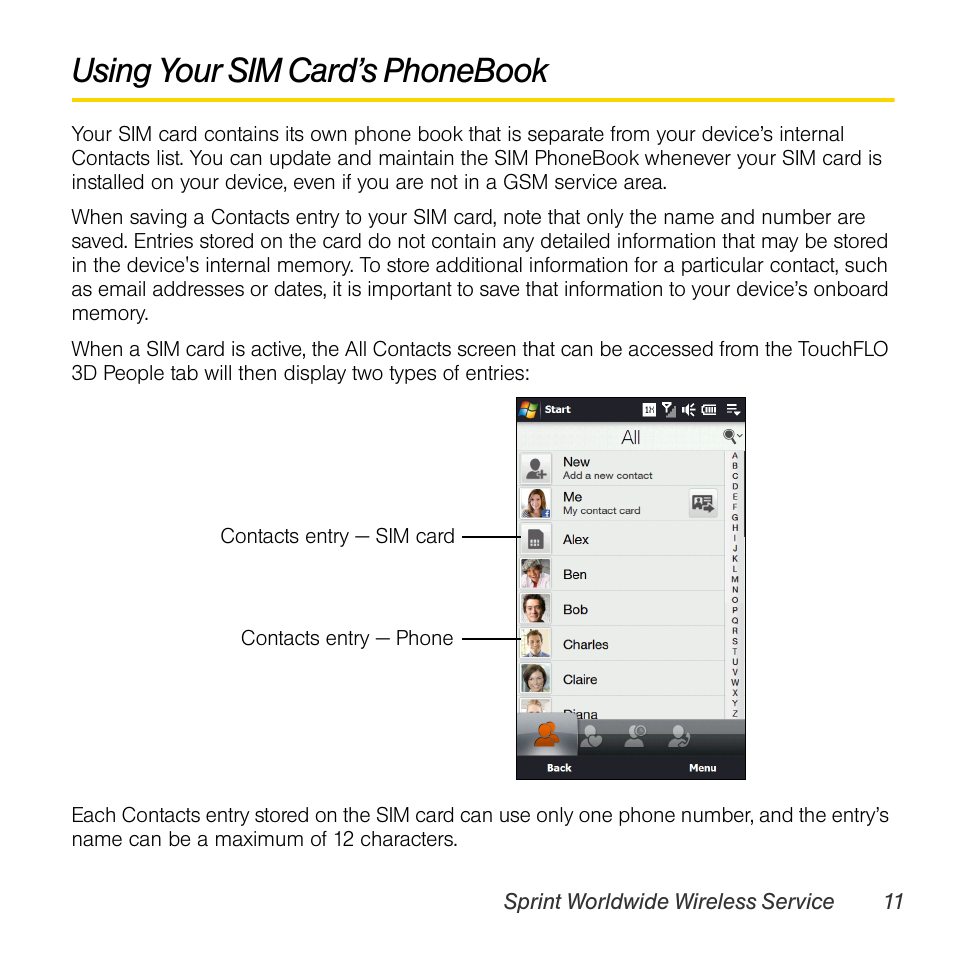 Using your sim card’s phonebook | TOA Electronics PPCT7380SP User Manual | Page 15 / 26