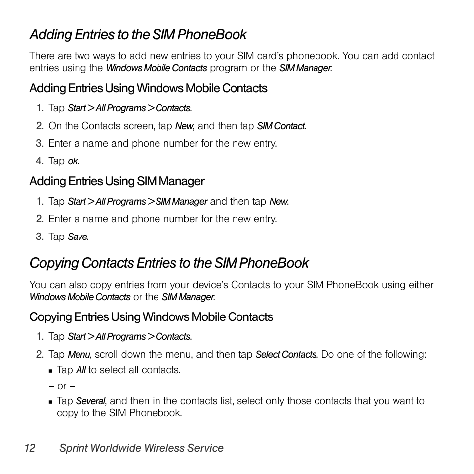 Adding entries to the sim phonebook, Copying contacts entries to the sim phonebook, Adding entries using windows mobile contacts | Adding entries using sim manager, Copying entries using windows mobile contacts | TOA Electronics PPCT7380SP User Manual | Page 16 / 26
