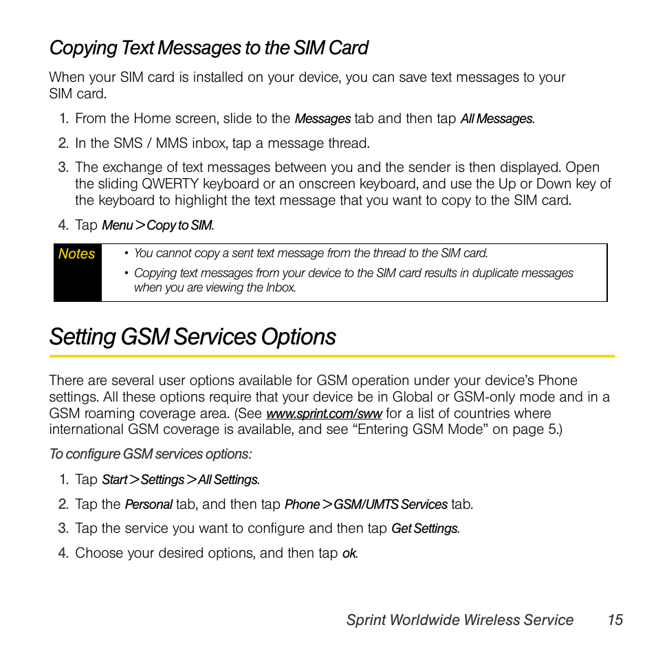 Setting gsm services options, Copying text messages to the sim card | TOA Electronics PPCT7380SP User Manual | Page 19 / 26