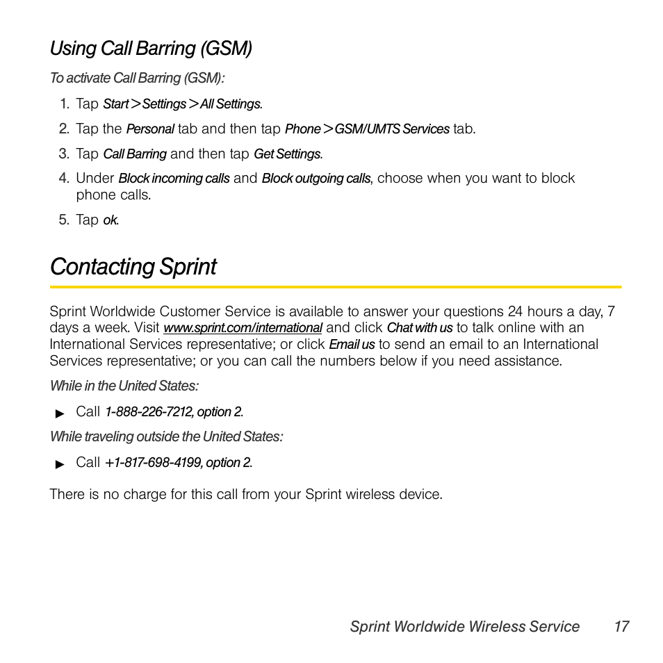 Contacting sprint, Using call barring (gsm) | TOA Electronics PPCT7380SP User Manual | Page 21 / 26