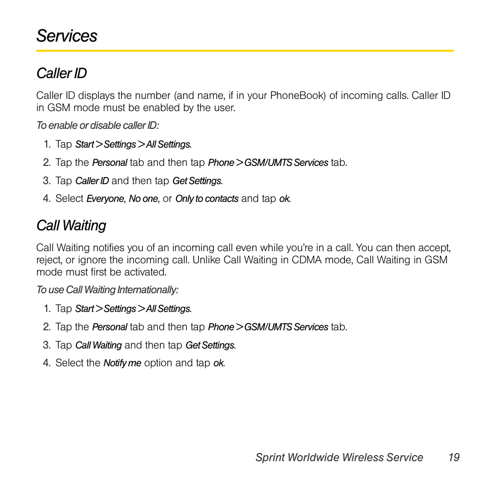 Services, Caller id, Call waiting | TOA Electronics PPCT7380SP User Manual | Page 23 / 26