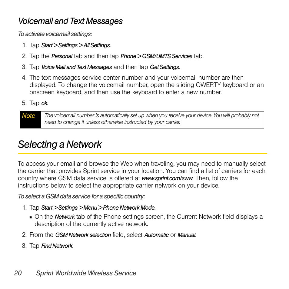 Selecting a network, Voicemail and text messages | TOA Electronics PPCT7380SP User Manual | Page 24 / 26