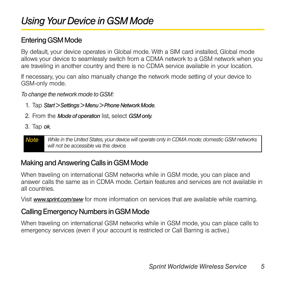 Using your device in gsm mode, Entering gsm mode, Making and answering calls in gsm mode | Calling emergency numbers in gsm mode | TOA Electronics PPCT7380SP User Manual | Page 9 / 26