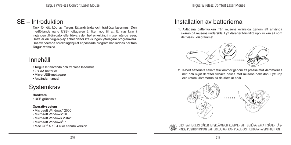 Se – introduktion, Systemkrav, Innehåll | Installation av batterierna | TOA Electronics 410-1689-203A/AMW51EU User Manual | Page 110 / 134