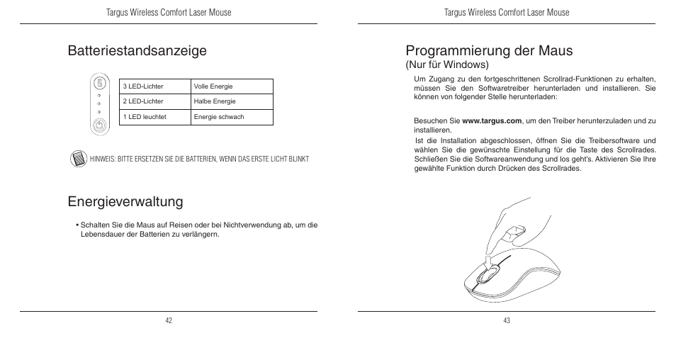 Programmierung der maus, Batteriestandsanzeige, Energieverwaltung | Nur für windows) | TOA Electronics 410-1689-203A/AMW51EU User Manual | Page 23 / 134