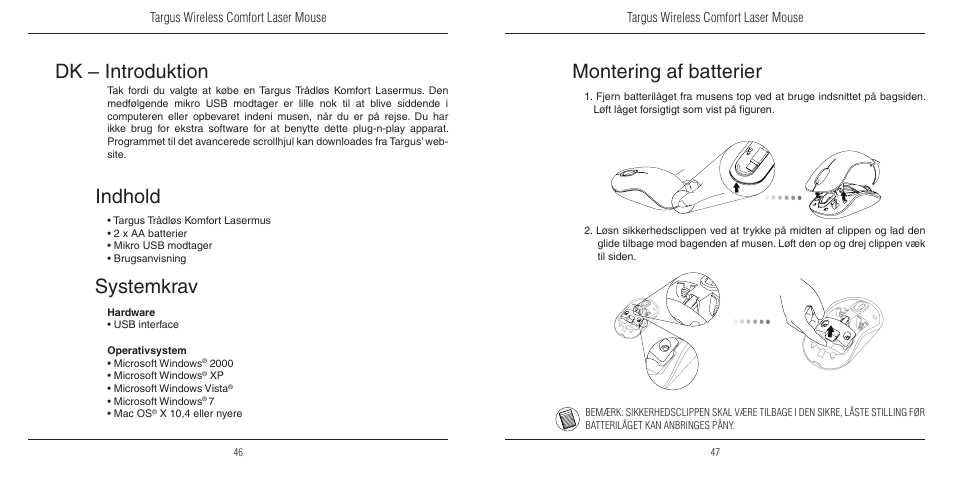 Dk – introduktion, Systemkrav, Indhold | Montering af batterier | TOA Electronics 410-1689-203A/AMW51EU User Manual | Page 25 / 134