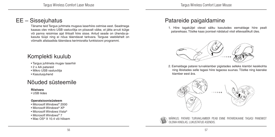 Ee – sissejuhatus, Nõuded süsteemile, Komplekti kuulub | Patareide paigaldamine | TOA Electronics 410-1689-203A/AMW51EU User Manual | Page 30 / 134