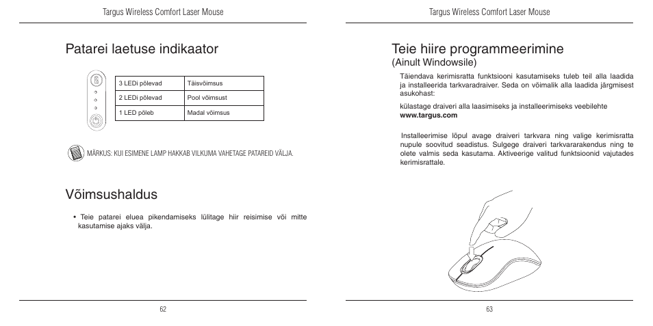 Teie hiire programmeerimine, Patarei laetuse indikaator, Võimsushaldus | Ainult windowsile) | TOA Electronics 410-1689-203A/AMW51EU User Manual | Page 33 / 134