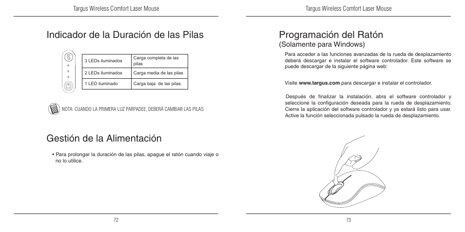 Programación del ratón, Indicador de la duración de las pilas, Gestión de la alimentación | Solamente para windows) | TOA Electronics 410-1689-203A/AMW51EU User Manual | Page 38 / 134