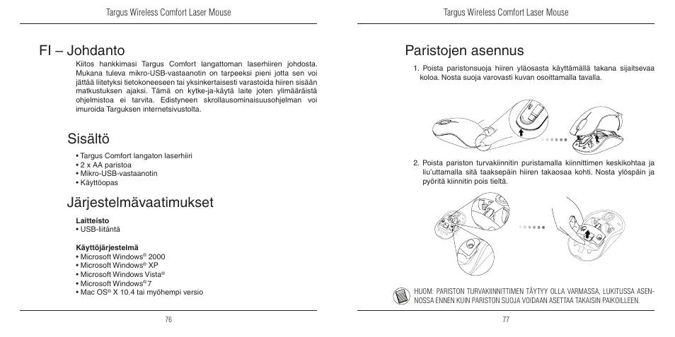 Fi – johdanto, Järjestelmävaatimukset, Sisältö | Paristojen asennus | TOA Electronics 410-1689-203A/AMW51EU User Manual | Page 40 / 134