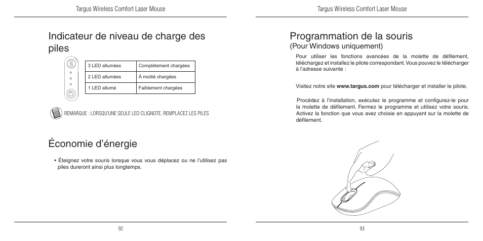 Programmation de la souris, Indicateur de niveau de charge des piles, Économie d’énergie | Pour windows uniquement) | TOA Electronics 410-1689-203A/AMW51EU User Manual | Page 48 / 134