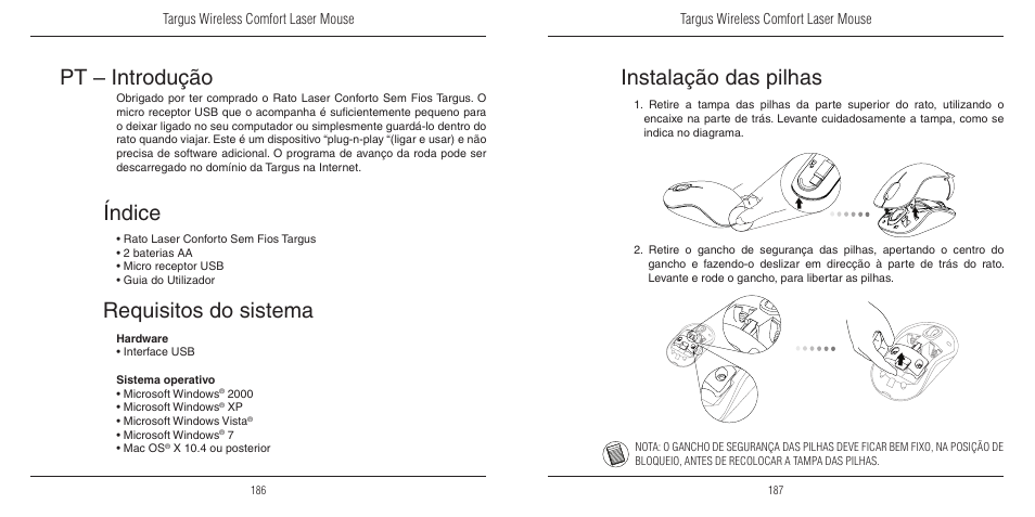 Pt – introdução, Requisitos do sistema, Índice | Instalação das pilhas | TOA Electronics 410-1689-203A/AMW51EU User Manual | Page 95 / 134